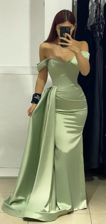 Simple Off-shoulder Sleeveless Mermaid Satin Long Prom Dresses For Party, PG560
