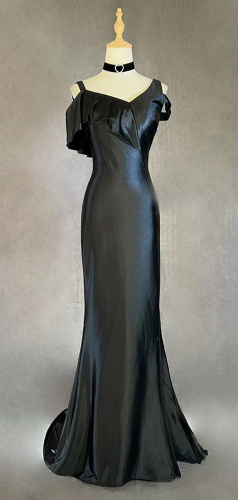 Sexy V-neck Sleeveless Mermaid Satin Long Prom Dresses With Trailing For Party, PG278