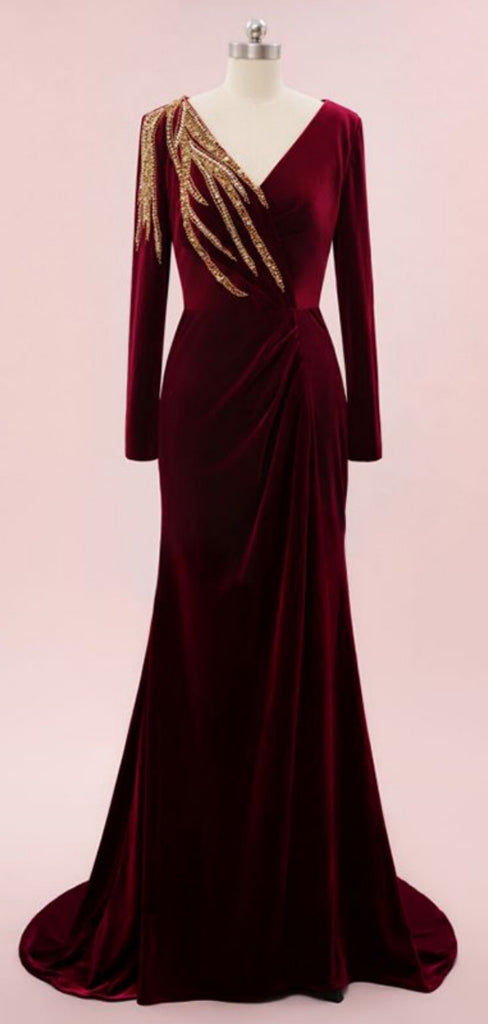 Elegant V-neck Full Sleeve Mermaid Velvet Long Prom Dresses With Trailing For Party, PG218