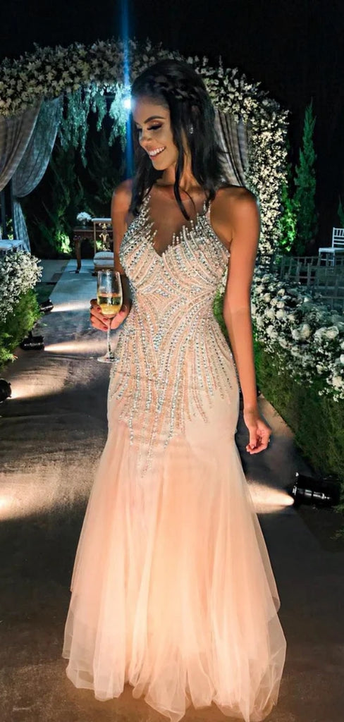 Sexy Spaghetti Strap V-neck Sleeveless Mermaid Tulle Long Prom Dresses For Party, PG342