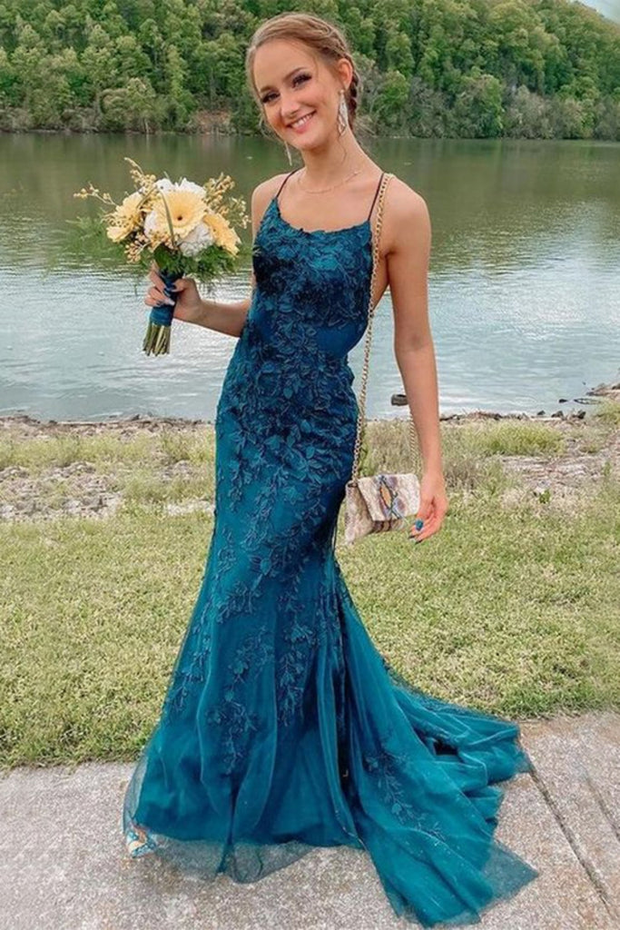 Elegant Spaghetti Strap Sleeveless Mermaid Lace Long Prom Dresses For Party, PG524