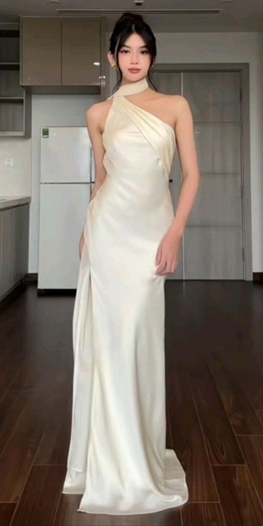 Soft One-shoulder Sleeveless Mermaid Satin Long Prom Dresses For Party, PG620