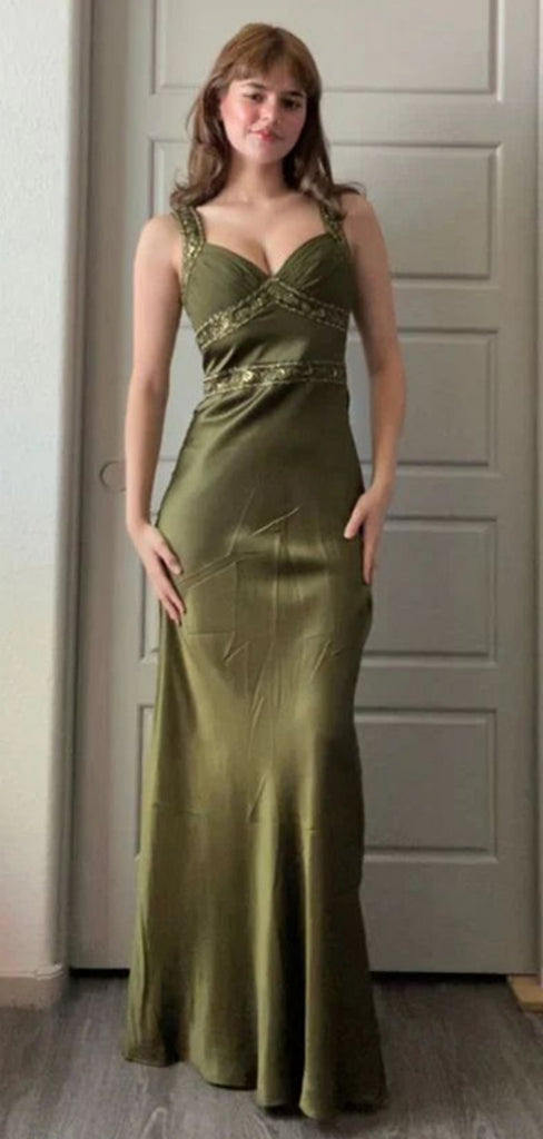 Soft Spaghetti Strap Sleeveless Mermaid Satin Long Prom Dresses For Party, PG588