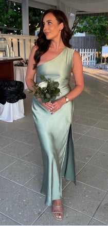 Soft One-shoulder Sleeveless Mermaid Satin Long Prom Dresses For Party, PG568