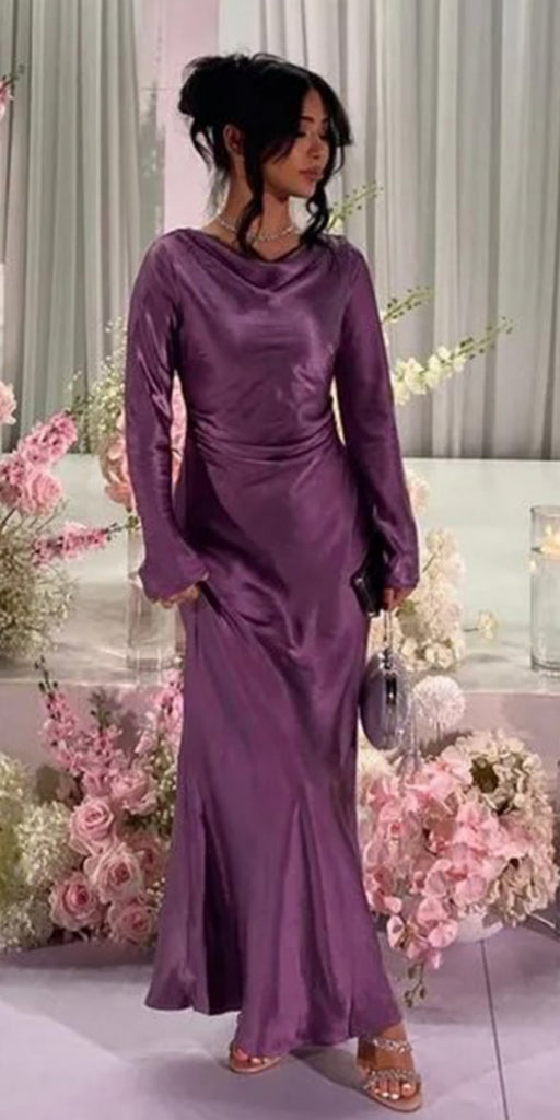 Soft High Neck Long Sleeves Mermaid Satin Long Prom Dresses For Party, PG540