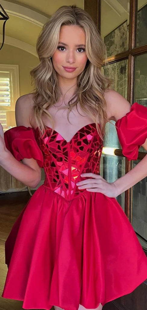 Elegant Off-shoulder Short Satin Red A-line Homecoming Dresses For Party, PGH158