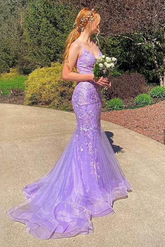 Elegant Spaghetti Strap Sleeveless Mermaid Lace Long Prom Dresses For Party, PG650