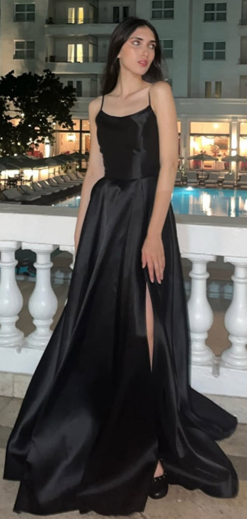 Sexy Spaghetti Strap Sleeveless A-line Satin Long Prom Dresses For Party, PG740