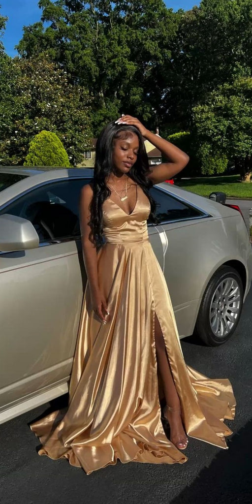 Sexy Spaghetti Strap Sleeveless A-line Satin Long Prom Dresses For Party, PG484