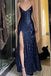 Sexy Spaghetti Strap V-neck Sleeveless Mermaid Sequin Dark Blue Long Prom Dresses With Slit For Party, PG450