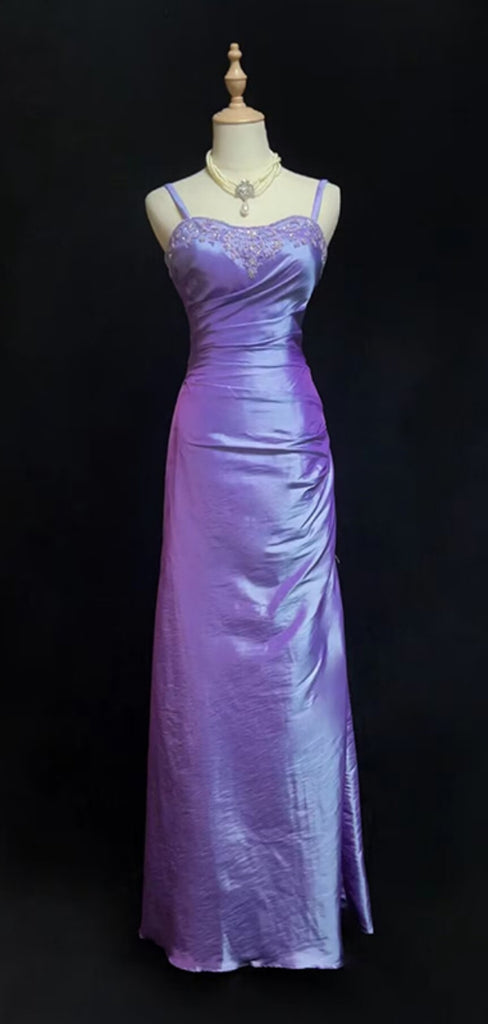Sexy Spaghetti Strap Sleeveless Mermaid Satin Long Prom Dresses With Slit For Party, PG294