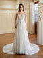 Gorgeous V-neck Sleeveless A-line White Long Wedding Dresses With Trailing, PGW09