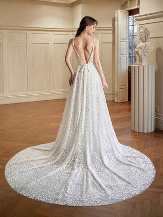 Gorgeous V-neck Sleeveless A-line White Long Wedding Dresses With Trailing, PGW09