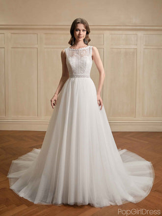 Gorgeous Bateau Sleeveless A-line White Long Wedding Dresses With Trailing, PGW12