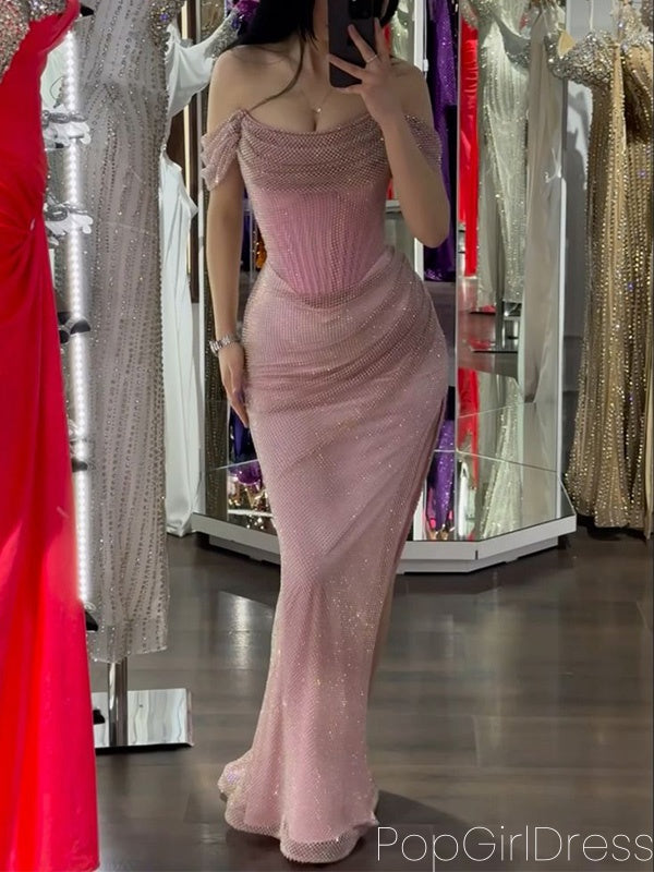 Sexy Off-shoulder Sleeveless Mermaid Satin Long Prom Dresses For Party, PG682