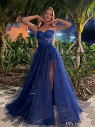 Elegant Spaghetti Strap Sleeveless A-line Tulle Long Prom Dresses With Slit For Party, PG430