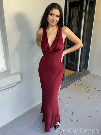 Sexy V-neck Sleeveless Mermaid Satin Long Prom Dresses For Party, PG971