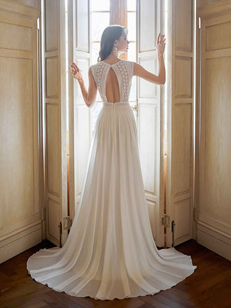 Formal Square Sleeveless A-line White Wedding Dresses With Trailing, PGW01