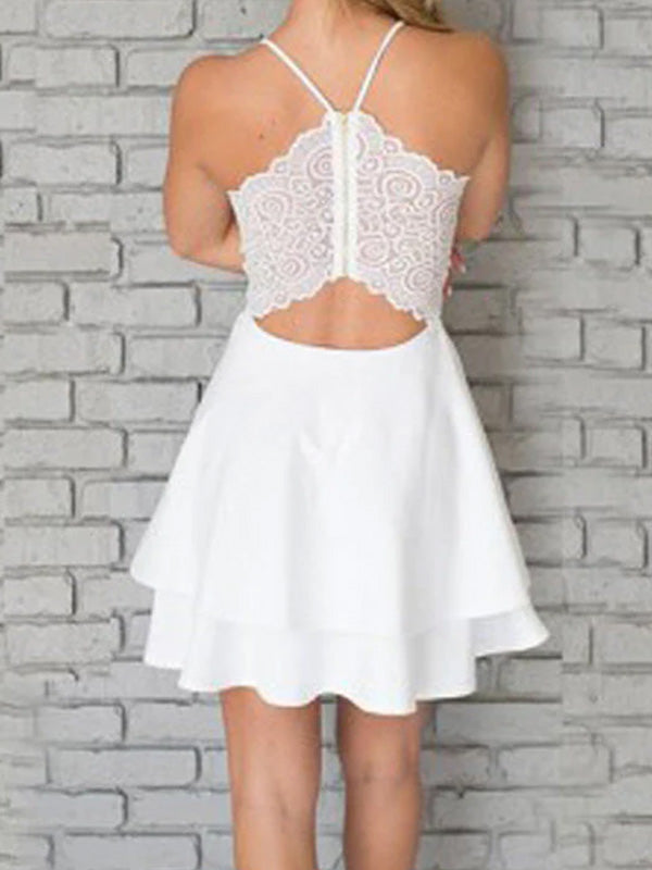 Casual Spaghetti Strap V-neck Sleeveless Short A-line White Homecoming Dresses For Party, PGH83