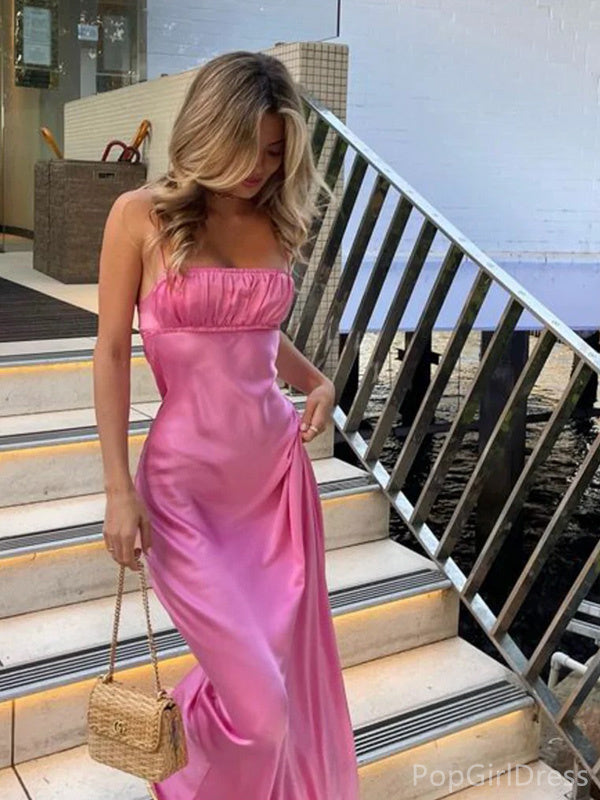 Soft Spaghetti Strap Sleeveless Mermaid Satin Long Prom Dresses For Party, PG414