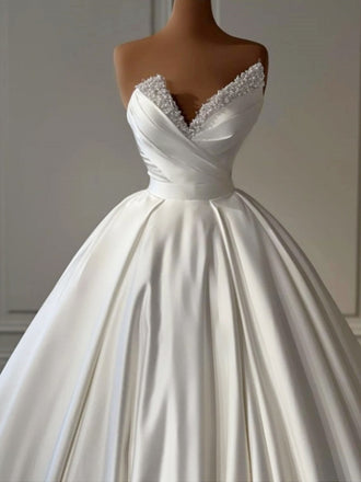 Unique V-neck Sleeveless Ball Gown White Wedding Dresses For Wedding Party, PGW07