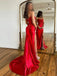 Sexy Sweetheart Mermaid Sleeveless Satin Red Long Prom Dresses With Front Slit For Party, PG225