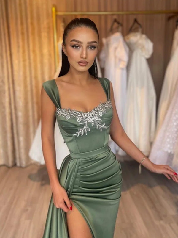 Sexy Spaghetti Strap Sleeveless Mermaid Prom Dresses With Front Split, PG28