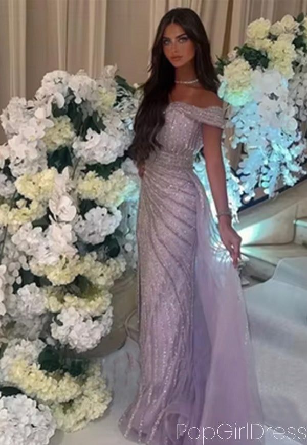 Elegant Off-shoulder Sleeveless Mermaid Tulle Long Prom Dresses For Party, PG624