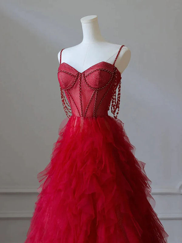 Gorgeous Spaghetti Strap Sleeveless A-line Red Zipper Back Long Prom Dresses , PG05