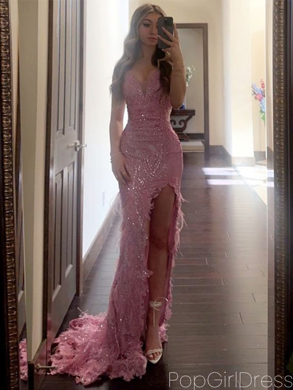 Elegant V-neck Sleeveless Mermaid Satin Long Prom Dresses For Party, PG778