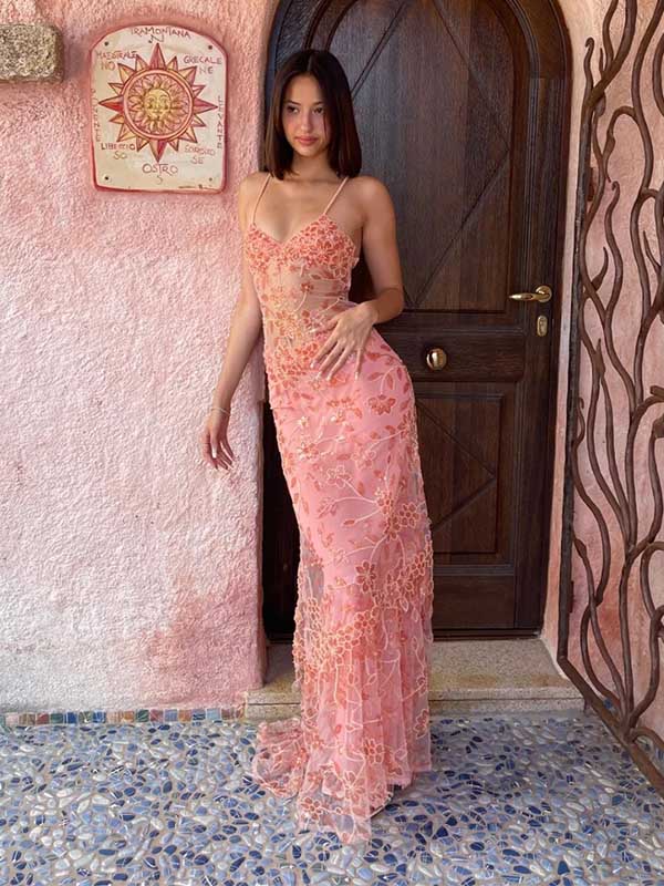 Elegant Spaghetti Strap Sleeveless Mermaid Tulle Long Prom Dresses For Party, PG385