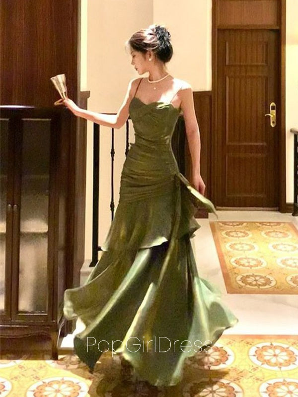Elegant Spaghetti Strap Sleeveless Mermaid Satin Green Long Prom Dresses For Party, PG508