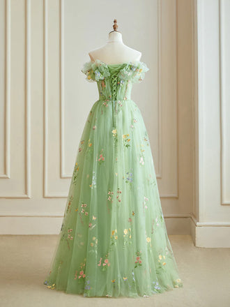 Elegant Off-shoulder A-line Green Prom Dresses For Wedding Party, PG39