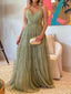 Soft V-neck Sleeveless A-line Tulle Long Prom Dresses For Party, PG883