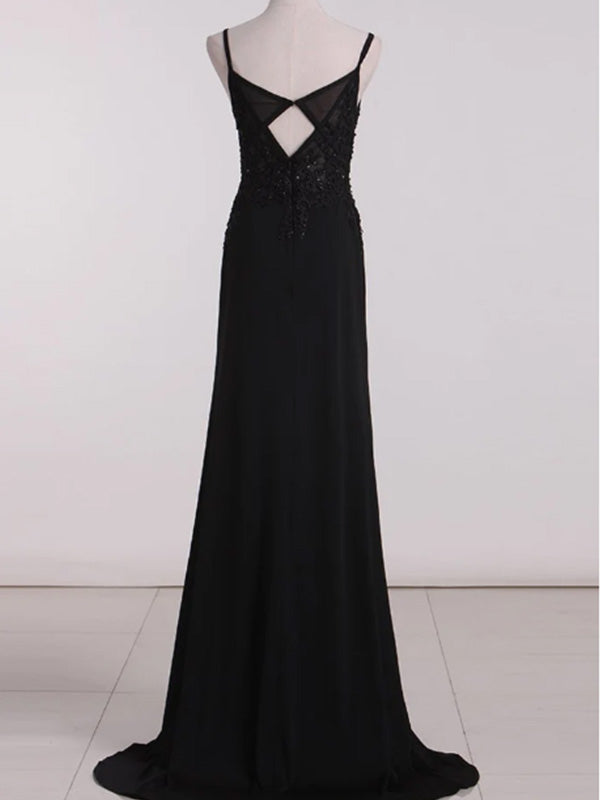 Modest Spaghetti Strap Sleeveless A-line Black Prom Dresses For Wedding Party, PG34