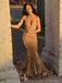 Shiny V-neck Sleeveless Mermaid Sequin Gold Long Prom Dresses For Party, PG548