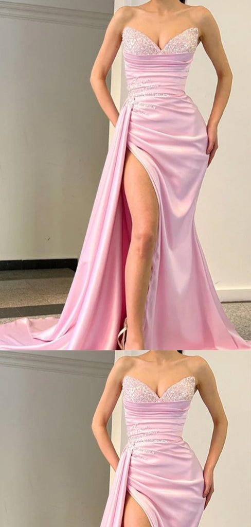 Sexy Sweetheart Sleeveless Mermaid Pink Prom Dresses With Side Split, PG29