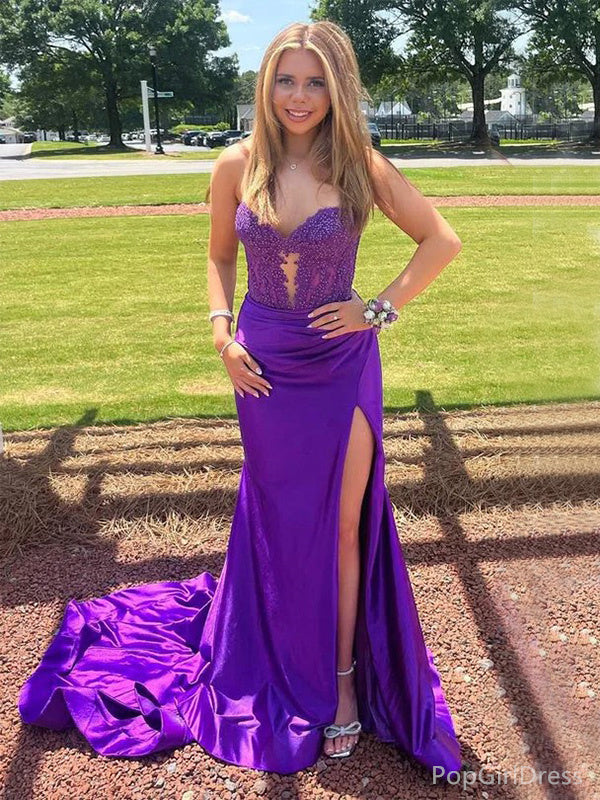 Sexy Sweetheart Sleeveless Mermaid Satin Long Prom Dresses With Trailing For Party, PG334