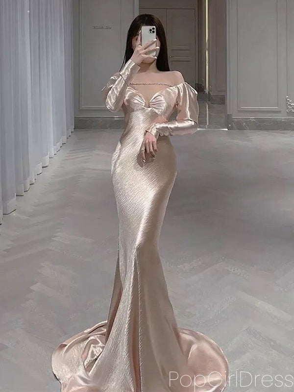 Soft Off-shoulder Full Sleeve A-line Satin Long Prom Dresses For Party, PG577