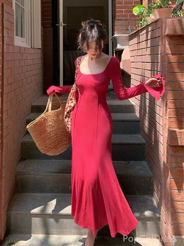 Cute Square Full Sleeve Mermaid Satin Long Prom Dresses For Party, PG378