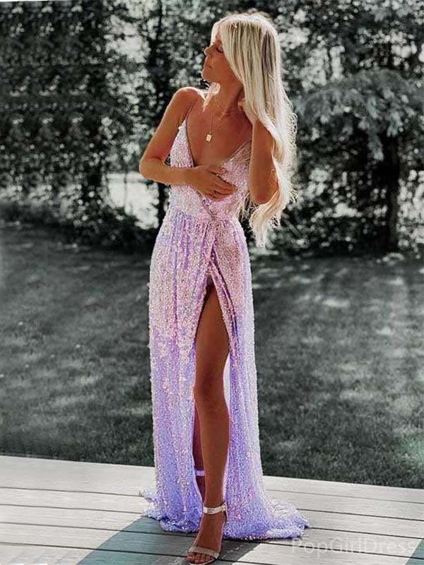 Sexy V-neck Sleeveless Mermaid Sequin Long Prom Dresses With Slit For Party, PG358