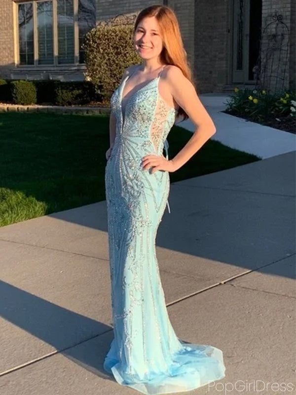 Sexy Spaghetti Strap V-neck Mermaid Sleeveless With Trailing Long Prom Dresses For Party, PG94