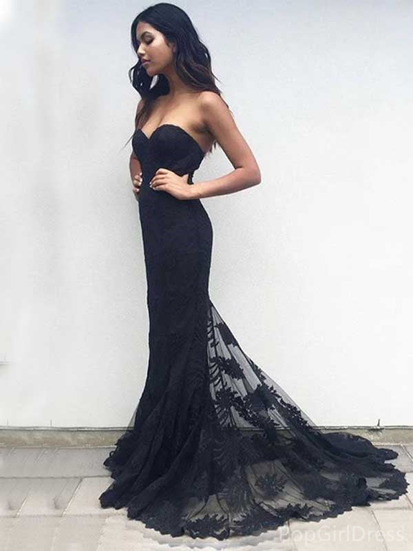 Sexy Sweetheart Sleeveless Mermaid Lace Tulle Black Long Prom Dresses For Party, PG366