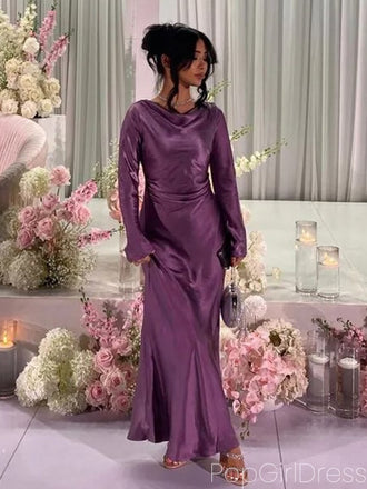 Soft High Neck Long Sleeves Mermaid Satin Long Prom Dresses For Party, PG540