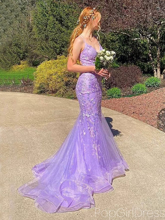Elegant Spaghetti Strap Sleeveless Mermaid Lace Long Prom Dresses For Party, PG650