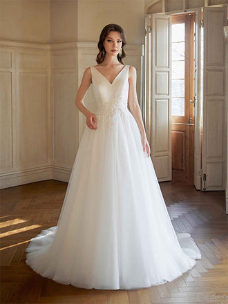 Elegant V-neck Sleeveless A-line White Long Wedding Dresses With Trailing, PGW03