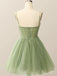 Gorgeous V-neck Spaghetti Strap Sleeveless Short A-line Green Homecoming Dresses, PGH54