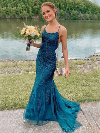 Elegant Spaghetti Strap Sleeveless Mermaid Lace Long Prom Dresses For Party, PG524