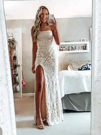 Elegant Spaghetti Strap Sleeveless Mermaid Lace Long Prom Dresses With Slit For Party, PG350