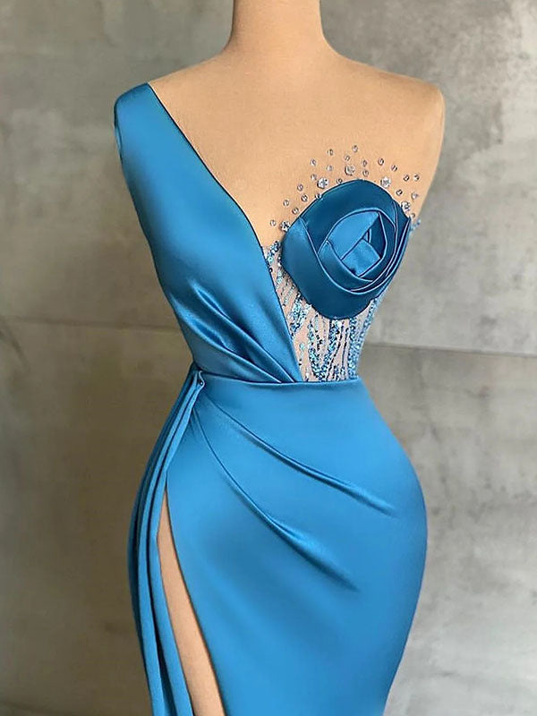 Sexy One Shoulder Sleeveless Mermaid Blue Long Prom Dresses With Side Split, PG09